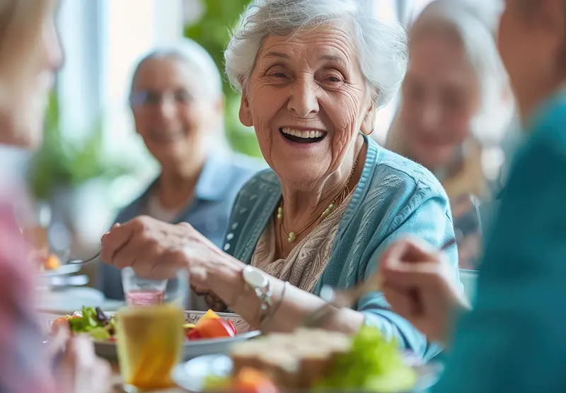 Eine lächelde ältere Dame am Mittagstisch